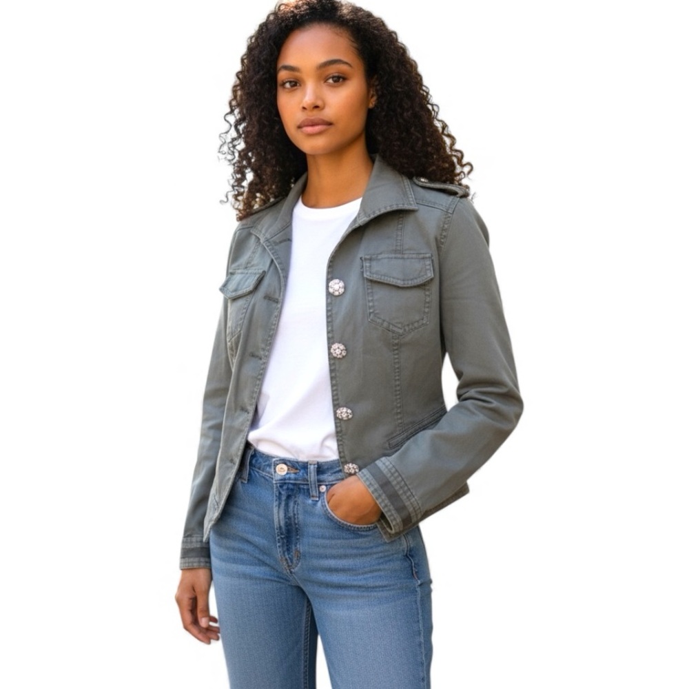 Women's Gray Military Style Jacket with Crystal Buttons – Size Small